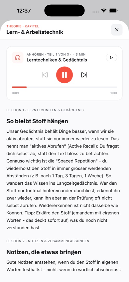 KLUW-App: Theorie eines Kapitels mit Audio-Player, Teil 1 von 3