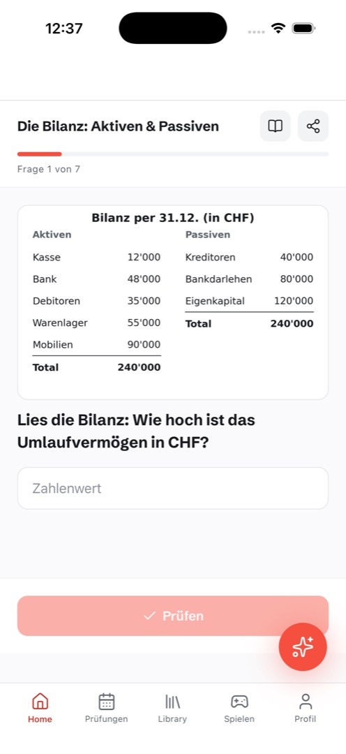 KLUW-App: Frage mit Bilanz-Tabelle und Zahleneingabe